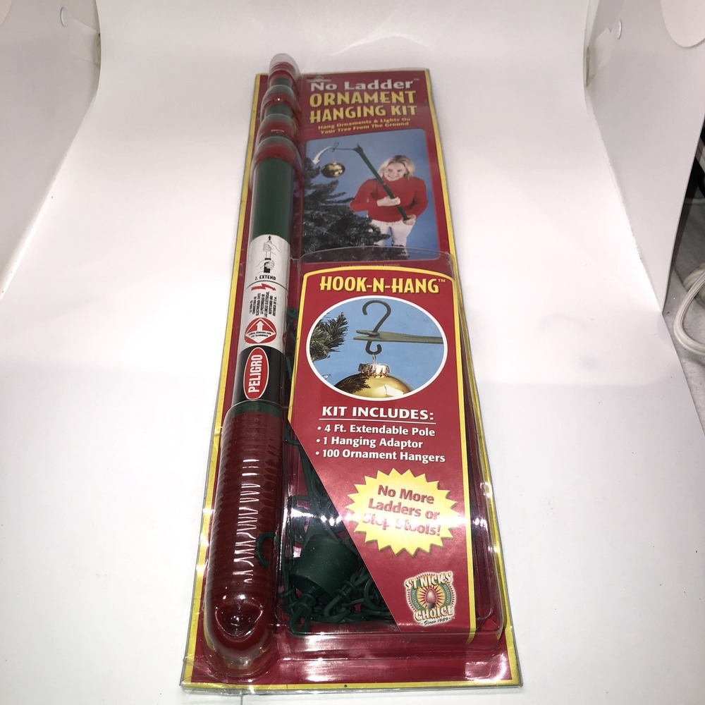 No Ladder Ornament Hanging Kit 4' Extendable Pole 1 Hanging Adapter 100 Hangers